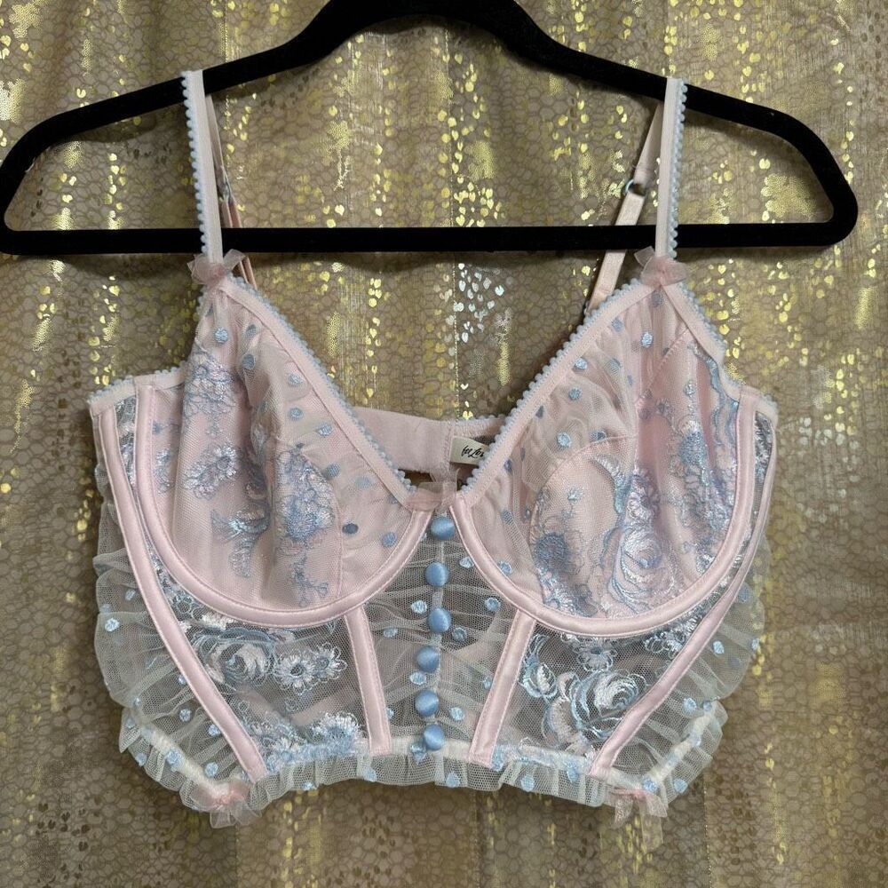 VS For Love & Lemons Foil Rose Pink Blue Sheer Mesh Bustier Coquette Top Large